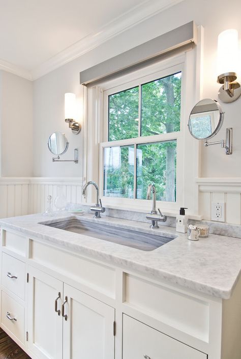 like the large sink and marble counter, white makes small bathroom look bigger Faux Brick Backsplash, Window Over Sink, Beadboard Bathroom, Bathroom Sink Cabinets, Bright Bathroom, Bathroom Window, Master Bath Remodel, Bathroom Windows, Trendy Bathroom