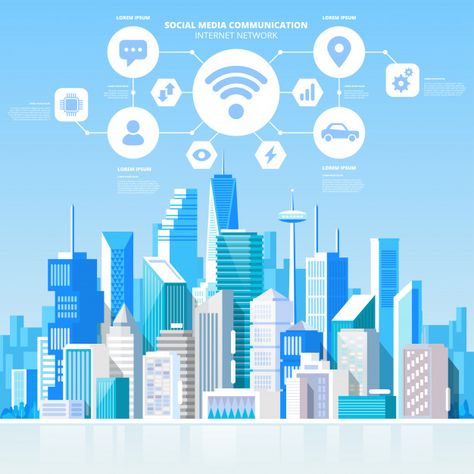 Social media communication internet netw... | Premium Vector #Freepik #vector Network Illustration Design, Skyscraper View, Social Media Communication, Tech Illustration, Media Communication, Internet Network, About Social Media, Key Visual, Smart City