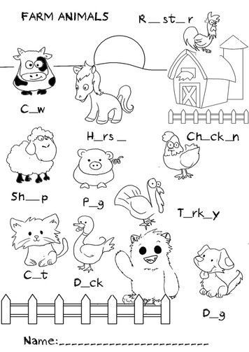 Farm Animals Preschool, Primary School Art, Animal Activities For Kids, Missing Letters, Kindergarten Reading Activities, English Activities For Kids, Animal Worksheets, Farm Animal Coloring Pages, Learning English For Kids