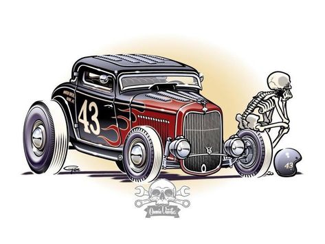 Mustang Tattoo, Rockabilly Artwork, Cartoon Car Drawing, Dinosaur Sketch, Vintage Hot Rod, Cool Car Drawings, Automotive Artwork, Car Artwork, Automotive Decor