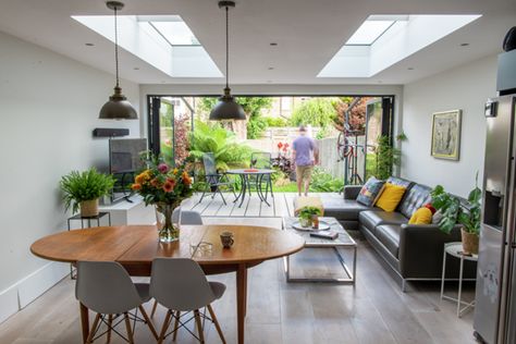 Two opening rooflights in a kitchen extension Flat Roof Extension Bungalow, Flat Roof Side Return Extension, Flat Roof Extension With Balcony, Apex Roof Kitchen Extension, Kitchen Extension With Roof Lantern, London Terrace House, Skylight Kitchen, Flat Roof Extension, Open Plan Kitchen Dining Living