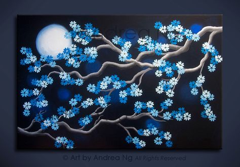 Surreal Blue Cherry Blossom branches under Moon, Original Acrylic Painting on canvas, ready to hang 30" x 20", Flower Painting by SurrealSentiments on Etsy https://www.etsy.com/listing/236747342/surreal-blue-cherry-blossom-branches Blossom Tree Sketch, Cherry Blossom Tree Sketch, Mermaid Song, Cherry Blossom Branches, Blue Items, Gold Art Painting, Dark Paintings, Tree Sketches, Cherry Blossom Branch