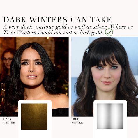 Dark Winter / Deep Winter VS True Winter palette 🖤 . #coloranalysis #colouranalysis #winterpalette #truewinter #darkwinter #deepwinter #coloranalyst #zooeydeschanel #salmahayek Hoc Winter Hair Color, Dark Winter Celebrities, Deep Winter Makeup Looks, Dark Winter Palette, Dark Winter Makeup, Dark Winter Color Palette, Deep Winter Makeup, Deep Winter Color Palette, Deep Winter Palette Outfits