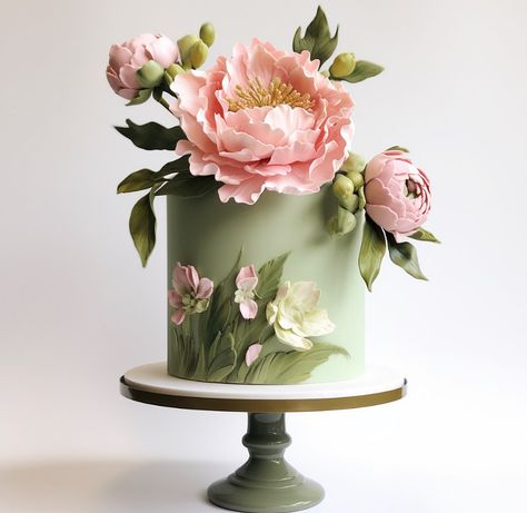 ONE TIER WONDER. #prettycake in pastel green with a huge #sugarpeony #caketopper | Instagram Pastel Green Birthday Cake, Cute Green Cake, Green Flower Cake, Different Cake Designs, Secret Garden Cake, Pink And Green Cake, Pastel Wedding Cake, Enchanted Forest Cake, Impressive Cakes