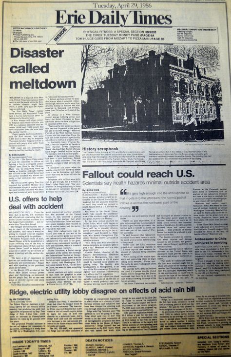 The front page of the Erie Daily Times 27 years ago today! The big story: the Chernobyl Nuclear Meltdown, which happened when a damaged atomic reactor at the Soviet Union’s Chernobyl nuclear plant caused a radiation leak. Chernobyl Poster, Nuclear Accidents, Nuclear Meltdown, Chernobyl 1986, Nuclear Apocalypse, Timeline Project, Free Poster Printables, Chernobyl Nuclear Power Plant, Chernobyl Disaster