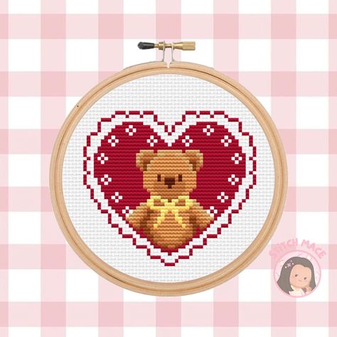 Love you Beary much! PDF Pattern - Instant Digital Download: ✿ PDF Includes ✿:  - Color Symbol Chart - Black & White Symbol Chart - DMC Thread Chart ✿ PDF Details ✿: - Beginner friendly :)  - Full Stitches only  - 9 colors - Stitch size: 49 x 44 - 14 ct aida - 3.5 in wide X 3.14 in high - 16 ct aida - 3.06 in wide X 2.75 in high - Don't forget to include extra fabric for ample spacing around stitches ✿ Follow me on Instagram to stay up-to-date on new pattern releases @stitch.mace ✿ If you have a Cross Stitch Back Stitch, Cross Stitch For Boyfriend, Pixel Cross Stitch Patterns, Snoopy Cross Stitch Pattern, Mini Cross Stitch Patterns Free, Cool Cross Stitch, Cross Stitch Gifts, Cross Stitch Quilt, Pattern Teddy Bear