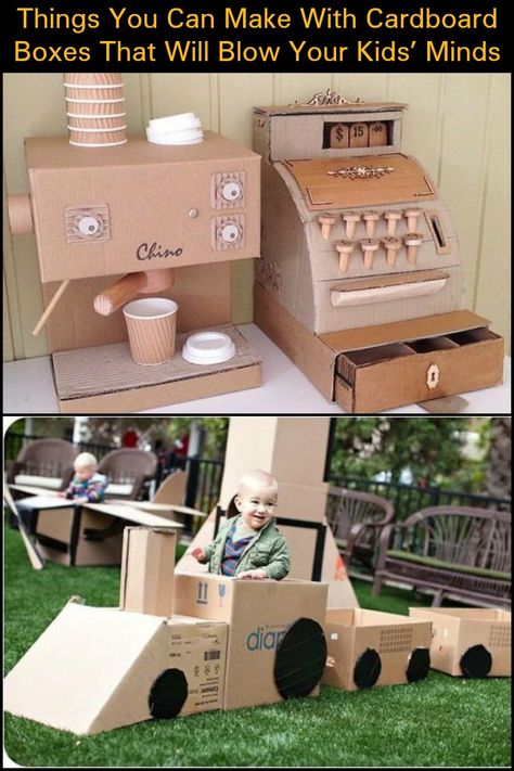 8 Things You Can Make With Cardboard Boxes That Will Blow Your Kids’ Minds Things To Make With Cardboard Boxes, Cardboard Restaurant, Things To Make Out Of Cardboard, Things To Make With Cardboard, Cardboard Challenge, Cool Things To Build, Cardboard Playhouse, Carton Diy, Cardboard Storage