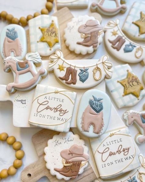 A Little Cowboy Is On His Way Cookies, A Cowboy Is On The Way, A Little Cowboy Is On His Way Decorations, A Little Cowboy Is On The Way Baby Shower Ideas, Rocking Horse Baby Shower Boy, A Little Cowboy Is On The Way, Baby Shower Ideas Cowboy, Cowboy Baby Shower Cookies, Western Baby Shower Cookies