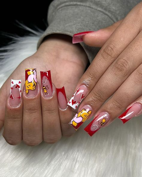 Valentine Nail Ideas Acrylic Art Designs, Valentine Nail Ideas Acrylic, Valentines Disney Nails, Disney Nails Square, Disney Nail Art Designs, Valentine Nail Ideas, Nail Ideas Acrylic, Disney Nail Art, Character Nails