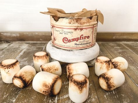 Campfire Marshmallow Tin Decor, Faux Marshmallows, Fouth Of July Crafts, Smores Bar, Campfire Marshmallows, Faux Rust, Faux Food, Food Decor, Roasting Marshmallows