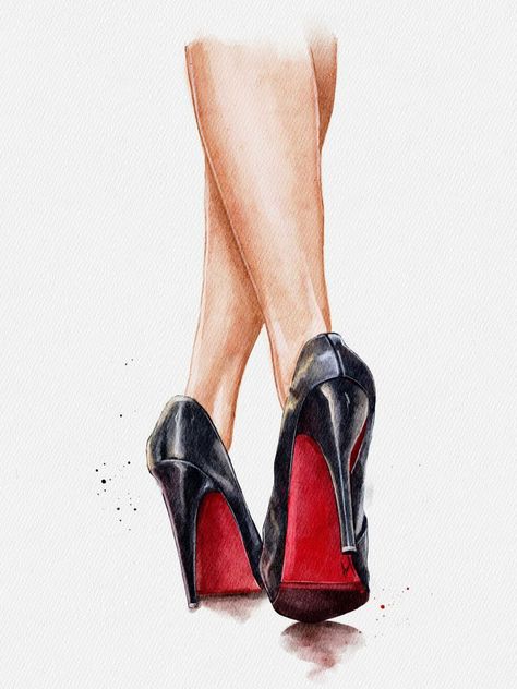 Heels Art Drawing, High Heels Painting, Heels Illustration, High Heels Drawing, Heels Drawing, High Heel Painting, Red Bottom Heels, Fashion Model Sketch, Book Illustration Design