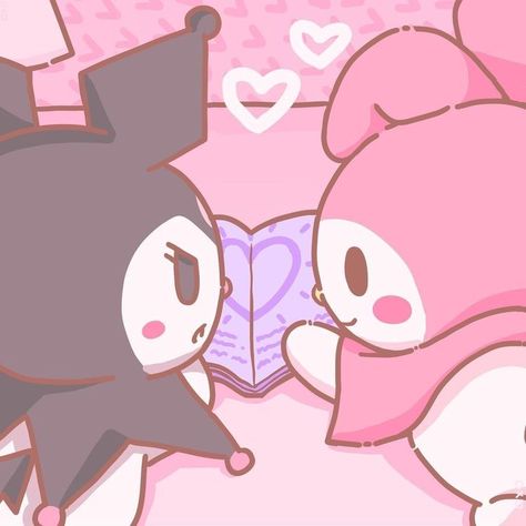 Kuromi And Melody Widget, Kuromi Reading Book, Sanrio Reading Book, Kuromi And My Melody Widget, My Melody And Kuromi Icons, Kromium Hello Kitty, Ciao Salut My Melody, My Melody Pictures, Sanrio Icons Aesthetic