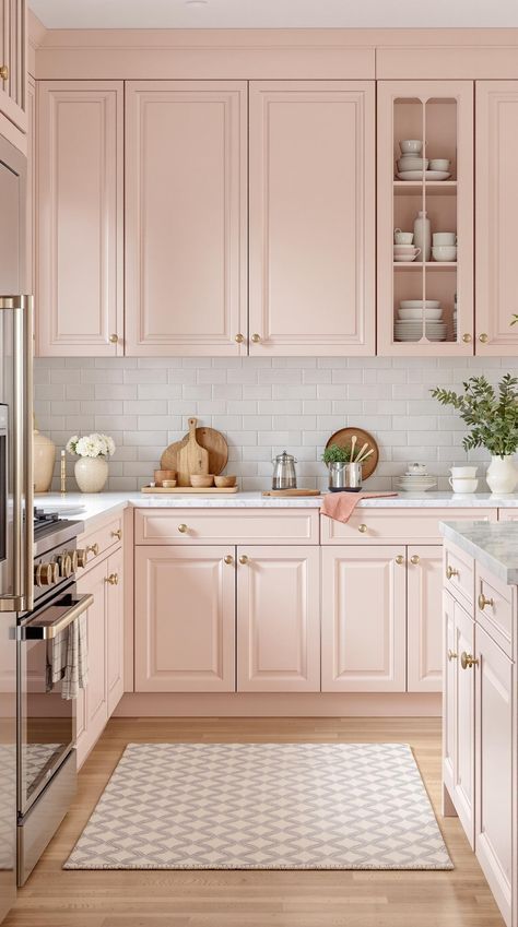 Blush Kitchen Cabinet, Dusty Pink Kitchen Cabinets, Painted China Cabinet Ideas, Pink And Grey Kitchen, Pink Kitchen Cabinets, Minimalist Kitchen Cabinets, Cabinet Color Ideas, Kitchen Cabinet Color, Pink Cabinets