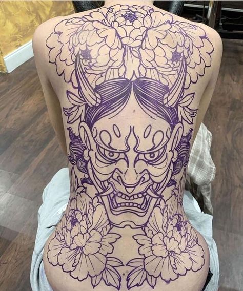 Japanese Tattoos Back Piece, Hannya Mask Back Tattoo, Hannya Chest Tattoo, Oni Mask Tattoo Back, Hannya Back Tattoo, Full Back Tattoo Women Japanese, Japanese Back Piece Tattoo, Japan Tattoo Traditional, Traditional Hannya Mask Tattoo