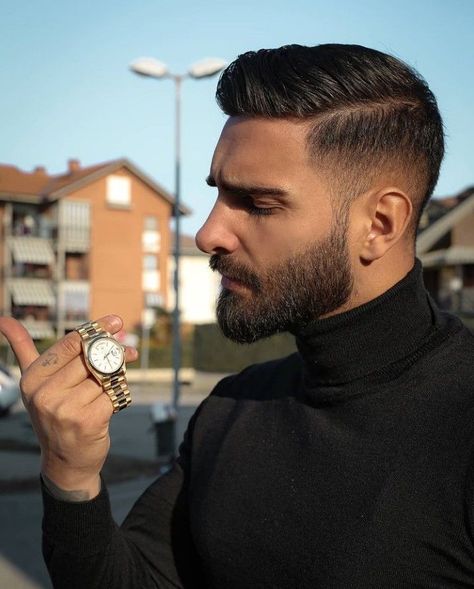 Thick Beard Styles, Short Mens Haircut With Beard, Men Beard Style Ideas, Men’s Hair Cut, Medium Beard Styles For Men, Fade Haircut Men's, Side Part Hairstyles Men, Short Beard Styles For Men, Mens Slicked Back Hairstyles