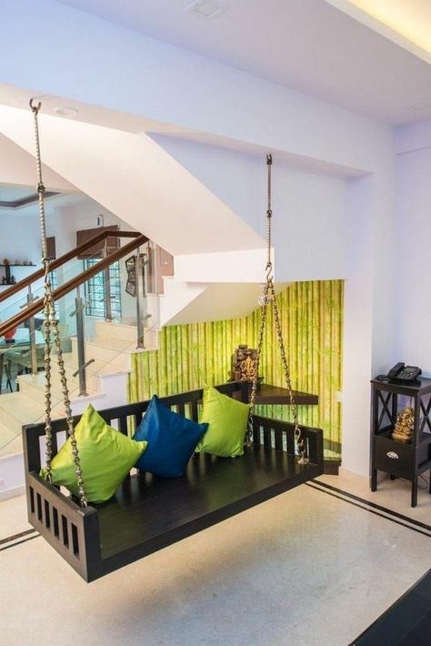 Wooden Swing In Living Room, Swing In Living Room, Colorful Cushions, Swing Bed, India Home Decor, Wooden Swing, Indian Home Interior, Ethnic Home Decor, Interior Design Per La Casa