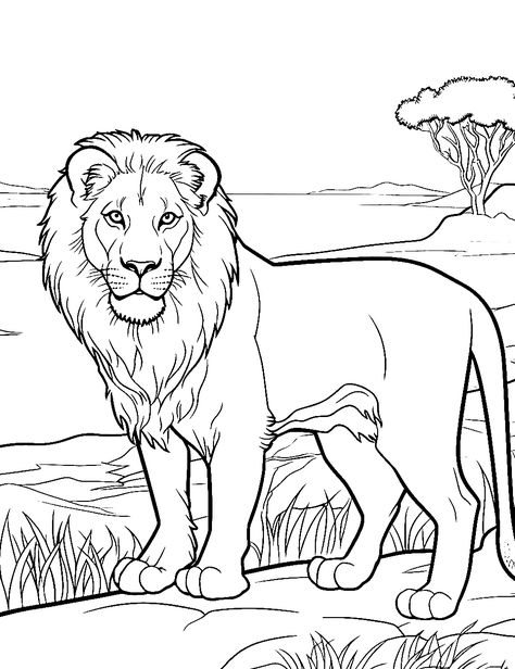 Savannah King: A lion in the vast savannah. (Free Printable Coloring Page for Kids) Lion Coloring Pages Free Printable, Zoo Animals Drawing, Lion Drawing For Kids, Lion Drawings, Lion Coloring, Zoo Animal Coloring Pages, Lion Coloring Pages, Lion Drawing, Coloring Pages Free Printable