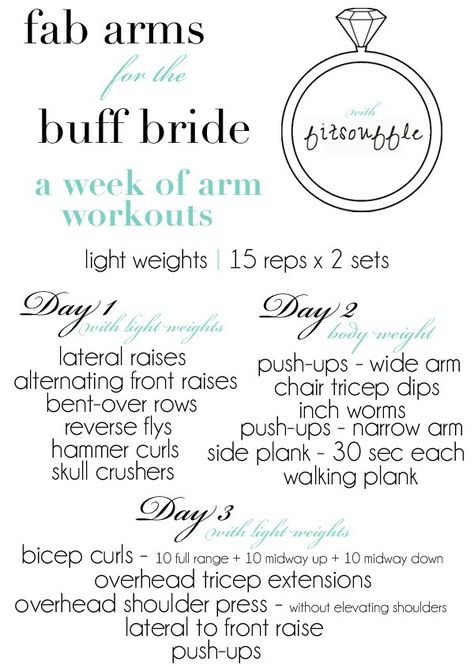 I can’t believe how quickly our wedding is approaching – we’re officially less than one month out from our big day in Italy! Unfortunately, moving cross-country just two months before the wedding has meant not stepping foot into a gym since February. I’ve done well at staying active and getting my sweat on most days … Wedding Dress Workout, Wedding Arms, Wedding Workout Plan, Bridal Bootcamp, Bridal Workout, Bride Workout, Wedding Workout, Fitness Fun, Pretty Wedding Dresses