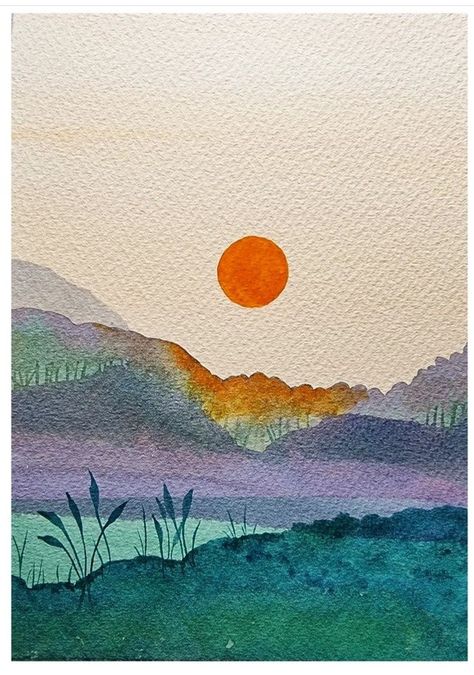 Water Paint Landscape, Sunrise Watercolor Painting Easy, Easy Landscape Painting Watercolors, Watercolor Art Night, Landscape Watercolor Paintings Easy, Watercolor Art Ideas Easy Simple, Simple Watercolor Art For Beginners, Sunset Watercolor Painting Easy, Watercolour Landscape Easy