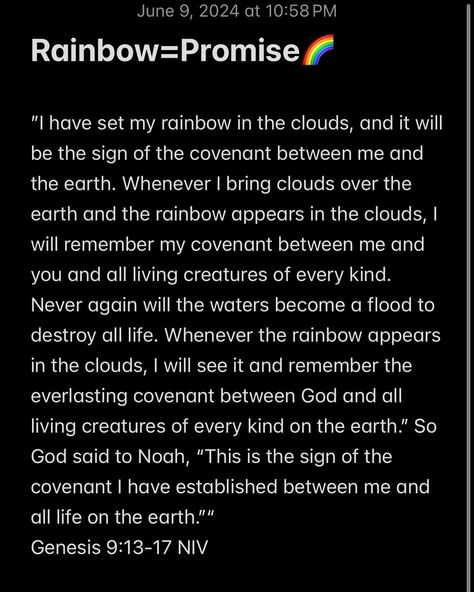 Just wanted to come on here and talk about the rainbow!🌈 🙌🏽🩵I wanted to remind everyone of what the Word of God says about what a rainbow is and what it symbolizes. A rainbow is the sign from God Himself. He flooded the earth years and years ago, so He made a covenant (a promise) with mankind, letting us know that He will never flood the earth again! We see rainbows appear after the rain has fallen, usually these rainbows appear after strong thunderstorms, what I’ve experienced from my years... God's Rainbow, Rainbows Are Gods Promise, Rainbow Means Gods Promise, Gods Rainbow Promise, Gods Promises Rainbow, The Covenant, Word Of God, Signs, Let It Be