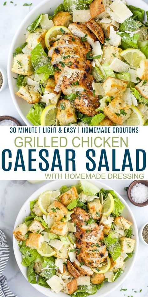 The ultimate Easy Grilled Chicken Caesar Salad, on your dinner table in 30 minutes! This Classic Caesar Salad is full of chargrilled chicken, homemade croutons, shaved parmesan and a light homemade caesar dressing. #noanchovies #healthy #easysaladrecipes #grilledchicken Salad With Homemade Dressing, Grilled Chicken Caesar, Homemade Caesar Dressing, Chargrilled Chicken, Dressing Healthy, Grilled Chicken Caesar Salad, Homemade Caesar, Resepi Ayam, Classic Caesar Salad