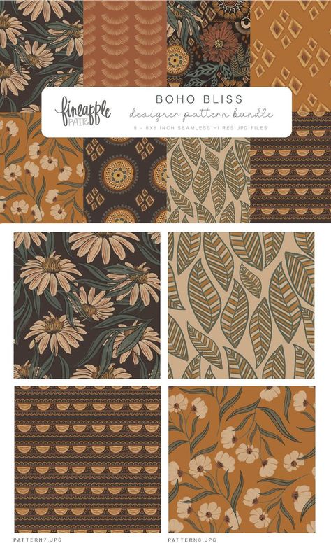 Boho Bliss Pattern Bundle. Compatible with: Adobe Illustrator, Adobe Photoshop. File Size: 22.71 MB. DPI: 300 Earthy Pattern Design, Bohemian Fabric Patterns, Bohemian Prints Pattern Textiles, Rustic Boho Color Palette, Seamless Pattern Ideas, Boho Fabric Pattern, Boho Designs Pattern, Boho Prints Pattern, Bohemian Design Pattern