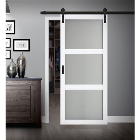 Renin 36-in x 84-in White Frosted Glass Sliding Barn Door And Hardware Kit Barn Door The Home Depot, Frosted Barn Door For Bathroom, Barn Doors In The House Pantry, Frosted Glass Barn Doors Interior, Modern Barn Doors In The House, Modern Barn Door Bathroom, Barn Door With Glass Panels, Barn Door In Bedroom, Contemporary Barn Door