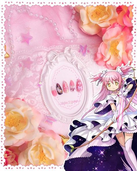 Madoka Nails, Madoka Magica Nails, Anime Nails, Fantasy Nails, Nail Tattoo, Puella Magi Madoka Magica, Madoka Magica, Nail Inspo, Cute Nails