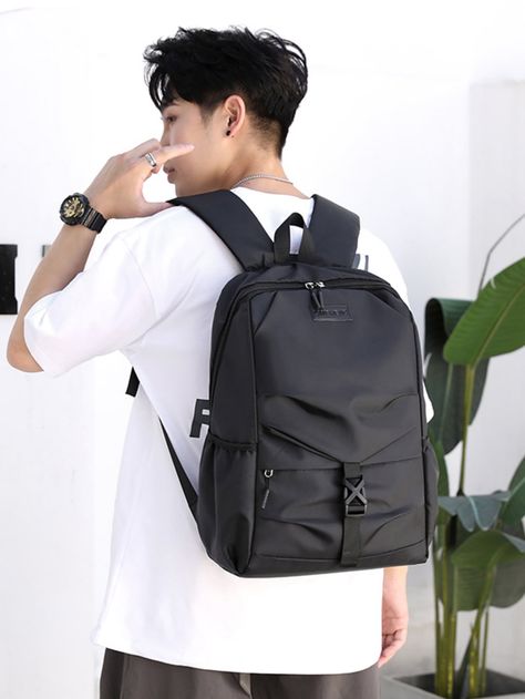 Black    Nylon Letter Laptop Backpack Embellished   Men Bags College Bags For Boys, Bagpack Men, University Bag, Boy School, Laptop Backpack Mens, Stylish School Bags, Men Backpack, Travel Backpacks, College Bags