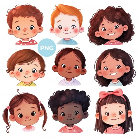 Cute Cartoon Portrait, Excited Cartoon Face, Chibi Illustration Character Design, Toddler Character Design, Watercolor Kids Illustration, Kid Character Art, Child Illustration Character, Kids Illustration Character, Doll Face Drawing