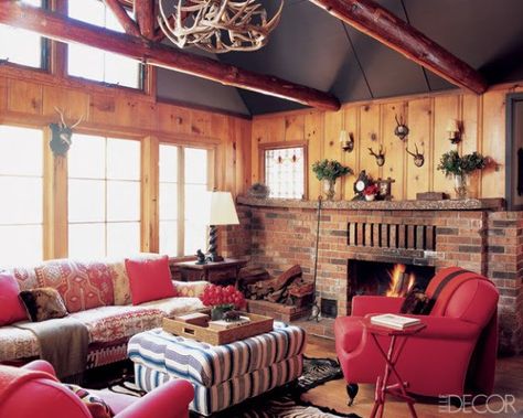 If I had a north-woods cabin Northwoods Decor, Pine Paneling, Interior Fireplace, Woods Cabin, Brick Floors, Red Living Room, Red Living, Minimalist Garden, Lake Cabin