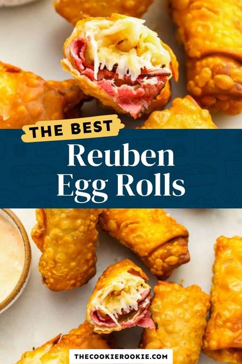 Hot and crispy Reuben Egg Rolls with corned beef, Swiss cheese, sauerkraut, and Russian Dressing fit perfectly into any game day appetizer lineup. Rueben Rolls, Reuben Roll Ups, Irish Egg Rolls, Ruben Rolls, Corned Beef And Cabbage Egg Rolls, Reuben Appetizer Parties Food, Ruben Egg Rolls Recipe, Corned Beef Appetizer Recipes, Corned Beef Egg Rolls Recipes