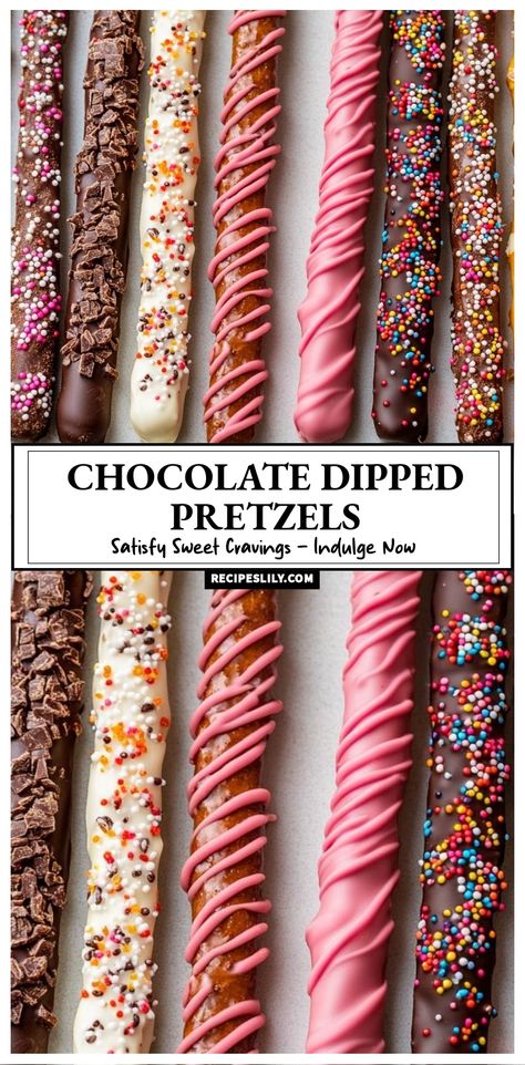 Indulge in these mouthwatering chocolate dipped pretzels! Perfectly crispy and sweet, they are drizzled with vibrant colors and topped with sprinkles to satisfy any sweet craving. A delightful treat for parties or just a cozy night in! Chocolate Pretzel Ideas, Chocolate Dip For Pretzels, Dipping Pretzels In Chocolate, Diy Chocolate Covered Pretzels Rods, Dipping Desserts, Pretzel Dipped In Chocolate, Sweet 16 Party Food, Pretzel Sticks Dipped In Chocolate, Valentines Cake Pops Recipe