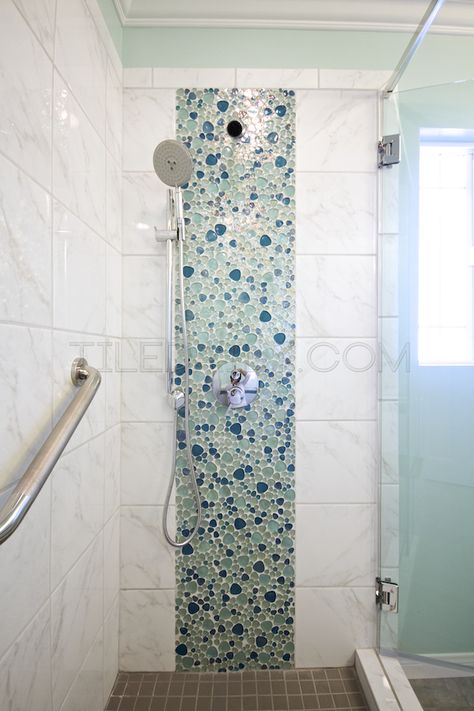 Featured Install – Bathroom, Los Angeles, CA – tiledaily Bathroom Waterfall Tile Design, Sea Glass Inspired Bathroom, Beach Shower Tile, Aqua Glass Tile Bathroom, Shower Tile Accent Stripe, Coastal Shower Tile Ideas, Mosaic Pebble, Pebble Wall, Mosaic Bathroom Tile