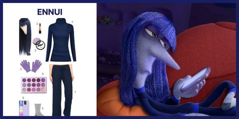 Ennui Ennui Makeup Inside Out, Ennui Inside Out Costume, Ennui Inside Out, Troll Wig, Inside Out Costume, Fake Eyebrows, Orange Gloves, Movie Inside Out, Costume Guide