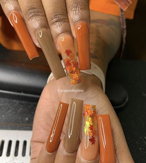 Fall Nails 2023 November, Fall Color Nails Black Women, Fall Colors For Acrylic Nails, Fall Nail Designs Coffin Medium, Tapered Square Nails Fall Colors, Dark Orange Nails Acrylic, Fall Nails2023, November Nails Long Square, Fall Theme Nails Acrylic Short