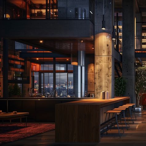 city lights, urban nights ✨🌃 - Urban Contemporary Style Loft in the heart of NYC. Tag someone to enjoy cocktails with a view 🍸 - #cityscapesnyc #rooftopbars #urbanloft #luxurypenthouse #nycpenthouse #penthousesuite #cityaesthetic #aiarchitecture #luxuryarchitecture #loftapartment Cyberpunk City Apartment, New York Penthouse Aesthetic Night, Nyc Apartment Night View, Modern Loft Design, Refinery Rooftop Nyc, Loft Aesthetic, Gothic Fireplace, Nyc View From Apartment At Night, Ny Loft