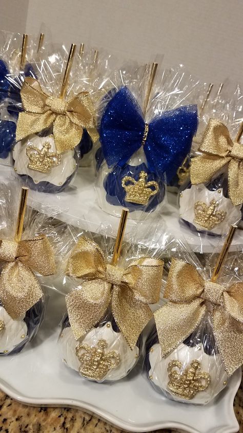 Royal Blue Treat Table, Cake Pops Blue And Gold, Blue And Gold Candy Table, 40th Birthday Celebration Ideas, Royal Blue Centerpieces, Blue Candy Apples, Royal Prince Birthday Party, Prince Baby Shower Theme, Blue Sweet 16