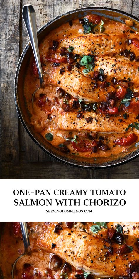 Salmon Chorizo Recipe, Scallops And Chorizo In Tomato Sauce, Fish And Chorizo Recipes, Chorizo Lunch Recipes, Salmon Tomato Recipe, Dinner With Salmon, One Pot Salmon, Italian Salmon, Cellular Healing