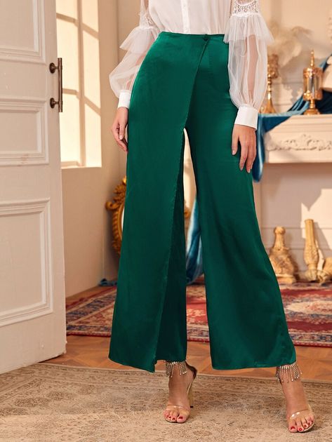 Wide Leg Wrap Satin Pants | SHEIN USA Dubai Fashion Women, Satin Pants Outfit, Wide Leg Pants Outfit, Look Office, Stylish Hijab, Honeymoon Outfits, Satin Trousers, Fashion Tops Blouse, Diy Fashion Clothing