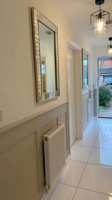 Hallway Panelling With Shelf, Farrow And Ball Elephants Breath Hallway, Panelled Hallway Colours, Elephants Breath Hallway, Hallway Panelling Colours, Neutral Hallway Ideas, Panelled Wallpaper, Hallway Panelling Ideas, Panelled Hallway