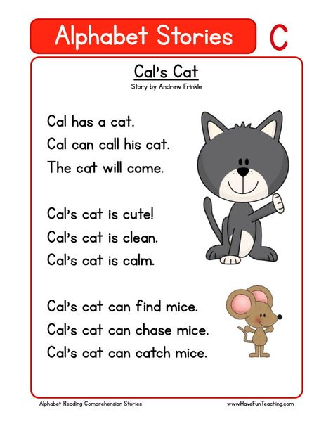 This Reading Comprehension Worksheet - Cal's Cat is for teaching reading comprehension. Use this reading comprehension story to teach reading comprehension. Phonic Stories, Alphabet Stories, Reading Comprehension Posters, Reading Rules, Comprehension Kindergarten, Remedial Reading, Preschool Names, Teaching Reading Comprehension, Reading Comprehension Kindergarten