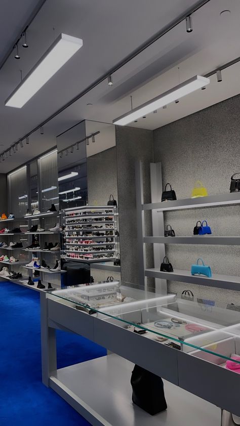 Balenciaga Store Blue Carpet Grey Balenciaga Store Interior, Balenciaga Store, Wooden Staff, Store Interiors, Adidas Eqt, Time Kids, Blue Carpet, Retail Store Design, Boutique Interior