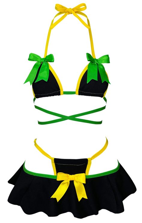 Celebrate summer, with this beautiful bikini set inspired by the Jamaican flag 🇯🇲 💚🖤💛 Wear it without the sleeves for the BEACH 🏖️ or with the sleeves a night at the festival 🎡 This set is made out of a stretchy fabric. It includes the BRA, THONG, SKIRT AND SLEEVES SIZE CHART: US SIZE 90s Bikinis Vintage, Jamaica Vacation Outfits Black Women, Jamaican Fashion, Swim Outfits, Love Island Outfits, Custom Bathing Suits, Bathing Suit Outfits, Bathing Suit Designs, Vacation Outfits Women