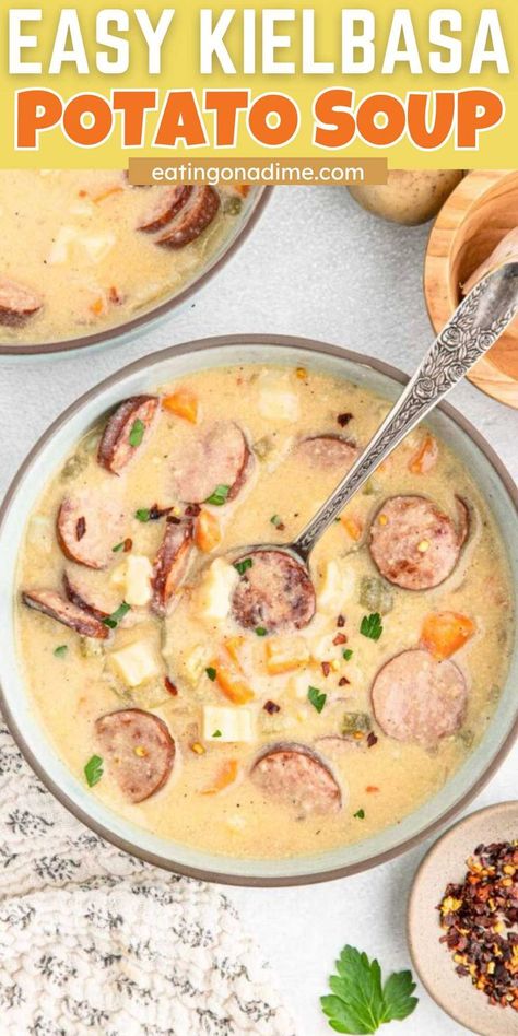 This Homemade Kielbasa Potato Soup is creamy and the best comfort food. Loaded with potatoes and sausage this soup makes the perfect weeknight meal. This soup is perfect served with crusty bread to get every last drop. Serve with a slotted spoon in a soup bowl for a fall night in. #eatingonadime #kielbasapotatosoup #kielbasa #potatosoup Homemade Kielbasa, Kielbasa Potato Soup, Potatoes And Sausage, Kielbasa Soup, Kielbasa And Potatoes, Creamy Soup Recipes, Potato Soup Easy, Kielbasa Sausage, Loaded Potato Soup