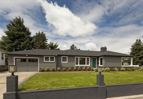 Fab exterior RAMBLER to MOD RANCH by Teal Davison, via Behance Rambler Renovation Before After, Rambler House Exterior, Ranch House Exterior, Mid Century Exterior, Ranch Homes, Exterior House Remodel, Brown Roof, Paint Inspo, Mid Century Ranch