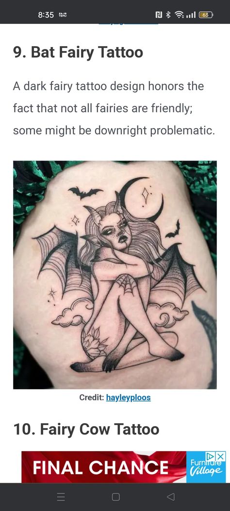 Dark Fairy Tattoo Designs, Dark Fairy Tattoo, Gothic Fairy Tattoo, Side Thigh Tattoos Women, Back Of Thigh Tattoo, Side Thigh Tattoos, Cow Tattoo, Throat Tattoo, Fairy Tattoo Designs