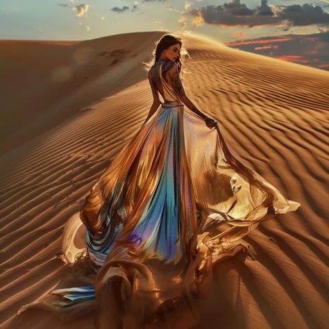 ✨ She wears a #dress woven from threads that catch and refract the last rays of daylight, casting a kaleidoscope of colors onto the #sand around her. Each movement she makes sends ripples of light dancing across the desert floor, as if the very #fabric of her attire mirrors the shifting sands and the fading sky. . . . #ai #aiart #artificialintelligence #desert #dunes #sanddunes #iridescentdress #iridescentfashion #iridescentfabric #glitterdress #desertsunset Dunes Photoshoot, Iridescent Fashion, Desert Photoshoot, Iridescent Dress, Desert Dunes, Iridescent Fabric, Aesthetic Photoshoot, Desert Colors, Desert Sunset