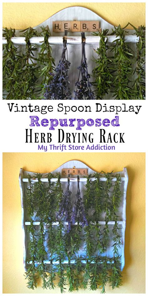 Your home will smell heavenly when you repurpose a thrift store spoon display as an herb drying rack! Farmhouse Gardens, Spoon Display, Herb Drying Rack, Herb Rack, Herb Drying, Furniture Upcycle, Thrift Store Diy, Furniture Flipping, Herb Gardens