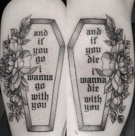 Witchy Leg Tattoos, Tattoos For Gamers, Coffin Tattoo Design, Couple Tattoo Simple, Marriage Tattoos, Coffin Tattoo, Goth Tattoo, Tattoos For Lovers, Creepy Tattoos